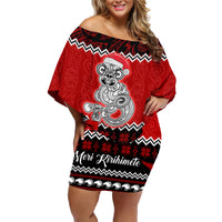 Personalised New Zealand Christmas Family Matching Off Shoulder Short Dress and Hawaiian Shirt Maori Tiki Meri Kirihimete LT9 Mom's Dress Red - Polynesian Pride