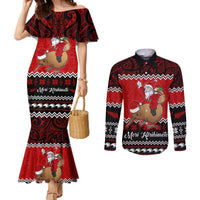 Personalised New Zealand Christmas Couples Matching Mermaid Dress and Long Sleeve Button Shirt Kiwi Santa Claus Maori Meri Kirihimete LT9 Red - Polynesian Pride