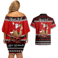 Personalised New Zealand Christmas Couples Matching Off Shoulder Short Dress and Hawaiian Shirt Kiwi Santa Claus Maori Meri Kirihimete LT9 - Polynesian Pride