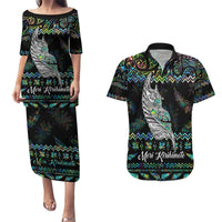 Personalised New Zealand Christmas Couples Matching Puletasi Dress and Hawaiian Shirt Maori Fern Manaia Meri Kirihimete with Papaua Shell LT9 Black - Polynesian Pride