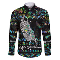 Personalised New Zealand Christmas Family Matching Short Sleeve Bodycon Dress and Hawaiian Shirt Maori Fern Manaia Meri Kirihimete with Papaua Shell LT9 Dad's Shirt - Long Sleeve Black - Polynesian Pride