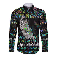 Personalised New Zealand Christmas Long Sleeve Button Shirt Maori Fern Manaia Meri Kirihimete with Papaua Shell LT9 Unisex Black - Polynesian Pride