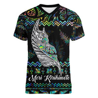 Personalised New Zealand Christmas Women V Neck T Shirt Maori Fern Manaia Meri Kirihimete with Papaua Shell LT9 Female Black - Polynesian Pride