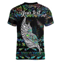 Personalised New Zealand Christmas Women V Neck T Shirt Maori Fern Manaia Meri Kirihimete with Papaua Shell LT9 - Polynesian Pride