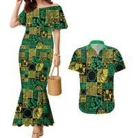 Cook Islands Mere Kiritimiti Couples Matching Mermaid Dress and Hawaiian Shirt Pacific Patchwork Xmas Vibes LT9 Green - Polynesian Pride
