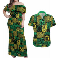 Cook Islands Mere Kiritimiti Couples Matching Off Shoulder Maxi Dress and Hawaiian Shirt Pacific Patchwork Xmas Vibes LT9 Green - Polynesian Pride