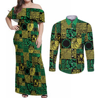 Cook Islands Mere Kiritimiti Couples Matching Off Shoulder Maxi Dress and Long Sleeve Button Shirt Pacific Patchwork Xmas Vibes - Polynesian Pride