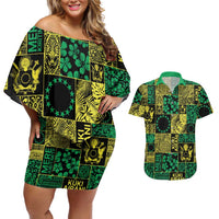 Cook Islands Mere Kiritimiti Couples Matching Off Shoulder Short Dress and Hawaiian Shirt Pacific Patchwork Xmas Vibes LT9 Green - Polynesian Pride