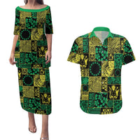Cook Islands Mere Kiritimiti Couples Matching Puletasi and Hawaiian Shirt Pacific Patchwork Xmas Vibes LT9 Green - Polynesian Pride