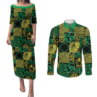 Cook Islands Mere Kiritimiti Couples Matching Puletasi and Long Sleeve Button Shirt Pacific Patchwork Xmas Vibes LT9 Green - Polynesian Pride