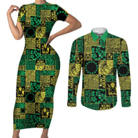 Cook Islands Mere Kiritimiti Couples Matching Short Sleeve Bodycon Dress and Long Sleeve Button Shirt Pacific Patchwork Xmas Vibes LT9 Green - Polynesian Pride
