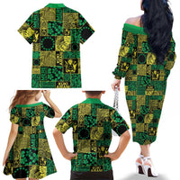Cook Islands Mere Kiritimiti Family Matching Off The Shoulder Long Sleeve Dress and Hawaiian Shirt Pacific Patchwork Xmas Vibes - Polynesian Pride