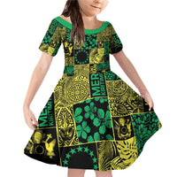Cook Islands Mere Kiritimiti Family Matching Off Shoulder Short Dress and Hawaiian Shirt Pacific Patchwork Xmas Vibes LT9 Daughter's Dress Green - Polynesian Pride