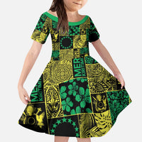 Cook Islands Mere Kiritimiti Kid Short Sleeve Dress Pacific Patchwork Xmas Vibes LT9 KID Green - Polynesian Pride