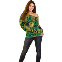 Cook Islands Mere Kiritimiti Off Shoulder Sweater Pacific Patchwork Xmas Vibes - Polynesian Pride