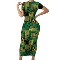 Cook Islands Mere Kiritimiti Short Sleeve Bodycon Dress Pacific Patchwork Xmas Vibes LT9 Long Dress Green - Polynesian Pride