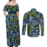 Solomon Islands Meri Kirihimete Couples Matching Off Shoulder Maxi Dress and Long Sleeve Button Shirt Pacific Patchwork Xmas Vibes - Polynesian Pride