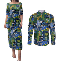 Solomon Islands Meri Kirihimete Couples Matching Puletasi and Long Sleeve Button Shirt Pacific Patchwork Xmas Vibes LT9 Blue - Polynesian Pride