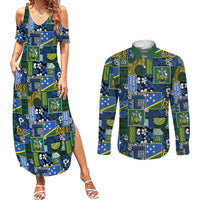 Solomon Islands Meri Kirihimete Couples Matching Summer Maxi Dress and Long Sleeve Button Shirt Pacific Patchwork Xmas Vibes LT9 Blue - Polynesian Pride