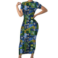Solomon Islands Meri Kirihimete Short Sleeve Bodycon Dress Pacific Patchwork Xmas Vibes LT9 Long Dress Blue - Polynesian Pride