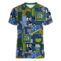 Solomon Islands Meri Kirihimete Women V-Neck T-Shirt Pacific Patchwork Xmas Vibes LT9 Female Blue - Polynesian Pride