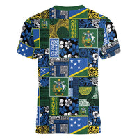 Solomon Islands Meri Kirihimete Women V-Neck T-Shirt Pacific Patchwork Xmas Vibes LT9 - Polynesian Pride
