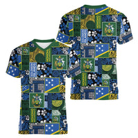 Solomon Islands Meri Kirihimete Women V-Neck T-Shirt Pacific Patchwork Xmas Vibes LT9 - Polynesian Pride