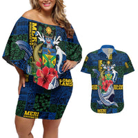 Solomon Islands Meri Kirihimete Couples Matching Off Shoulder Short Dress and Hawaiian Shirt Funny Santa Riding Shark - Polynesian Pride