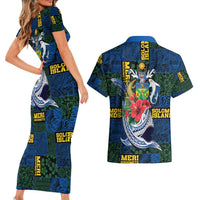 Solomon Islands Meri Kirihimete Couples Matching Short Sleeve Bodycon Dress and Hawaiian Shirt Funny Santa Riding Shark - Polynesian Pride
