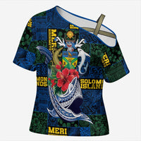 Solomon Islands Meri Kirihimete Cross Shoulder Shirt Funny Santa Riding Shark LT9 Female Blue - Polynesian Pride