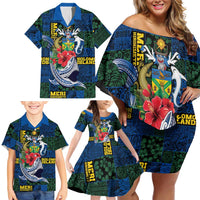 Solomon Islands Meri Kirihimete Family Matching Off Shoulder Short Dress and Hawaiian Shirt Funny Santa Riding Shark - Polynesian Pride