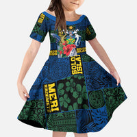 Solomon Islands Meri Kirihimete Kid Short Sleeve Dress Funny Santa Riding Shark LT9 KID Blue - Polynesian Pride