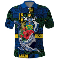 Solomon Islands Meri Kirihimete Polo Shirt Funny Santa Riding Shark LT9 Blue - Polynesian Pride