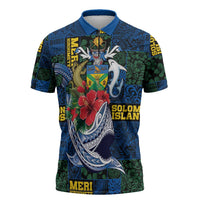 Solomon Islands Meri Kirihimete Zipper Polo Shirt Funny Santa Riding Shark - Polynesian Pride