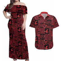 Black Tonga Kilisimasi Fiefia Couples Matching Off Shoulder Maxi Dress and Hawaiian Shirt Pacific Patchwork Xmas Vibes LT9 Black - Polynesian Pride