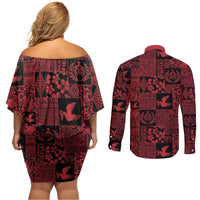 Black Tonga Kilisimasi Fiefia Couples Matching Off Shoulder Short Dress and Long Sleeve Button Shirt Pacific Patchwork Xmas Vibes - Polynesian Pride