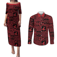Black Tonga Kilisimasi Fiefia Couples Matching Puletasi and Long Sleeve Button Shirt Pacific Patchwork Xmas Vibes LT9 Black - Polynesian Pride
