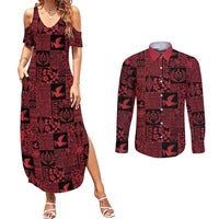 Black Tonga Kilisimasi Fiefia Couples Matching Summer Maxi Dress and Long Sleeve Button Shirt Pacific Patchwork Xmas Vibes - Polynesian Pride