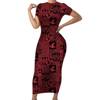 Black Tonga Kilisimasi Fiefia Short Sleeve Bodycon Dress Pacific Patchwork Xmas Vibes LT9 Long Dress Black - Polynesian Pride
