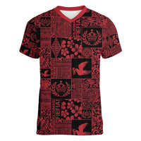 Black Tonga Kilisimasi Fiefia Women V-Neck T-Shirt Pacific Patchwork Xmas Vibes LT9 Female Black - Polynesian Pride