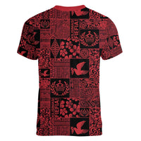Black Tonga Kilisimasi Fiefia Women V-Neck T-Shirt Pacific Patchwork Xmas Vibes LT9 - Polynesian Pride