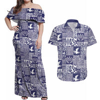 Blue Tonga Kilisimasi Fiefia Couples Matching Off Shoulder Maxi Dress and Hawaiian Shirt Pacific Patchwork Xmas Vibes LT9 Blue - Polynesian Pride