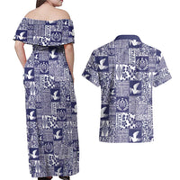 Blue Tonga Kilisimasi Fiefia Couples Matching Off Shoulder Maxi Dress and Hawaiian Shirt Pacific Patchwork Xmas Vibes LT9 - Polynesian Pride