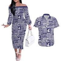 Blue Tonga Kilisimasi Fiefia Couples Matching Off The Shoulder Long Sleeve Dress and Hawaiian Shirt Pacific Patchwork Xmas Vibes - Polynesian Pride