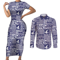 Blue Tonga Kilisimasi Fiefia Couples Matching Short Sleeve Bodycon Dress and Long Sleeve Button Shirt Pacific Patchwork Xmas Vibes - Polynesian Pride