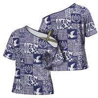 Blue Tonga Kilisimasi Fiefia Cross Shoulder Shirt Pacific Patchwork Xmas Vibes - Polynesian Pride