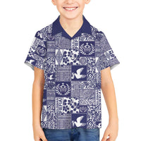 Blue Tonga Kilisimasi Fiefia Family Matching Off Shoulder Short Dress and Hawaiian Shirt Pacific Patchwork Xmas Vibes - Polynesian Pride