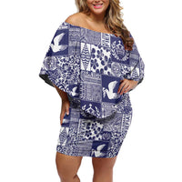 Blue Tonga Kilisimasi Fiefia Off Shoulder Short Dress Pacific Patchwork Xmas Vibes - Polynesian Pride