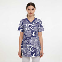 Blue Tonga Kilisimasi Fiefia Scrub Top Pacific Patchwork Xmas Vibes - Polynesian Pride
