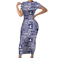 Blue Tonga Kilisimasi Fiefia Short Sleeve Bodycon Dress Pacific Patchwork Xmas Vibes LT9 Long Dress Blue - Polynesian Pride